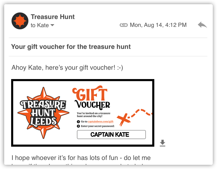 A screenshot of an email containing a digital gift voucher for Treasure Hunt Leeds.