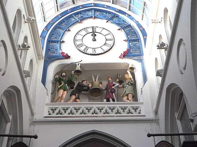 The Ivanhoe Clock with four carved figurines who strike the clock on the hour.